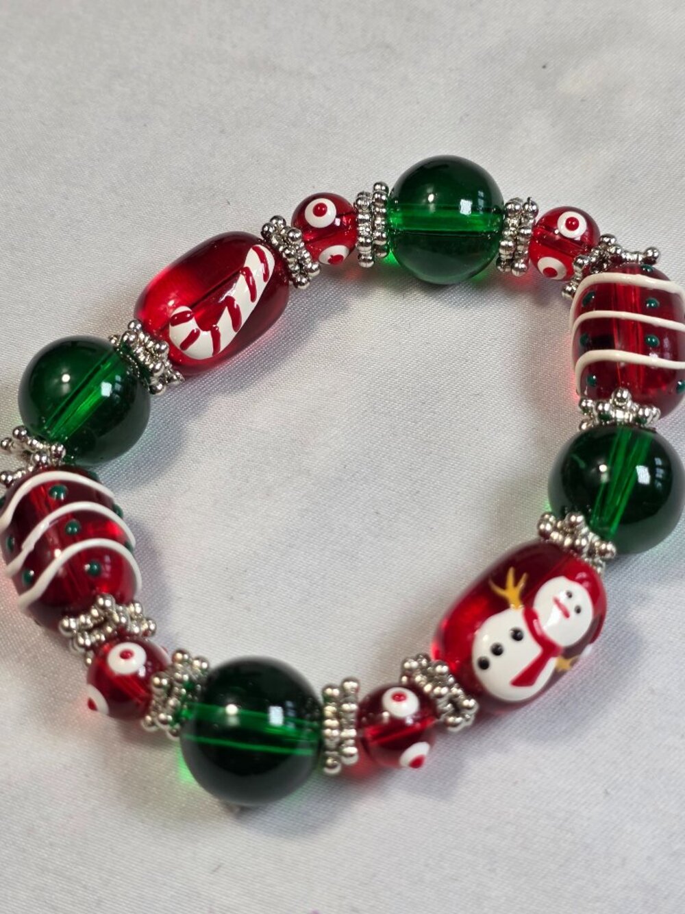 Christmas Holiday Glass Bead Stretch Bracelet Snowman Candy Cane Red Green